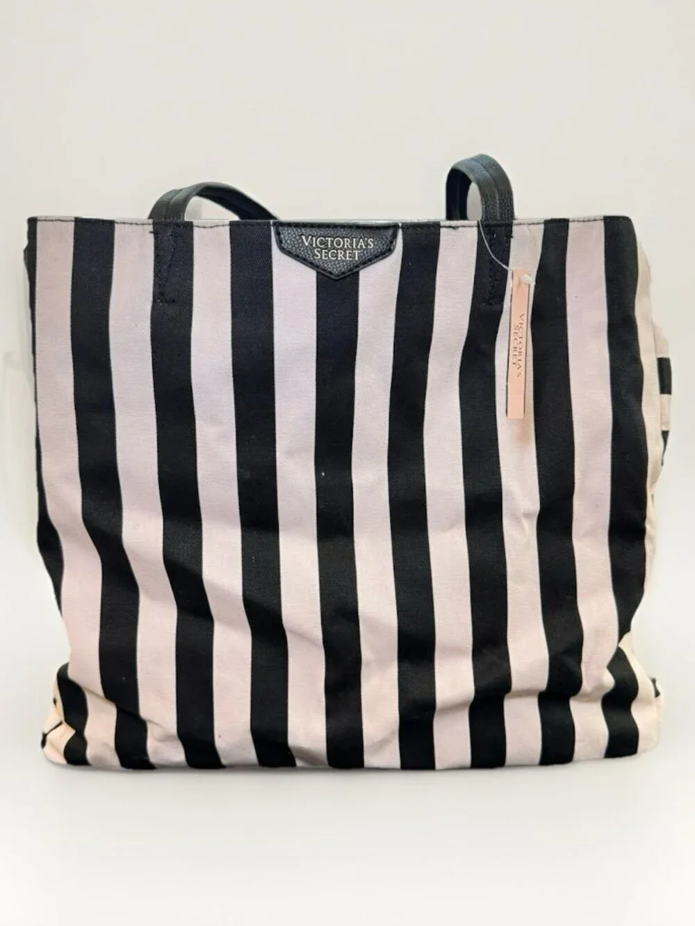 VS Victoria's Secret Large Canvas Tote Beach Bag Pale Pink & Black Striped